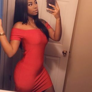 Red off face shoulder dress